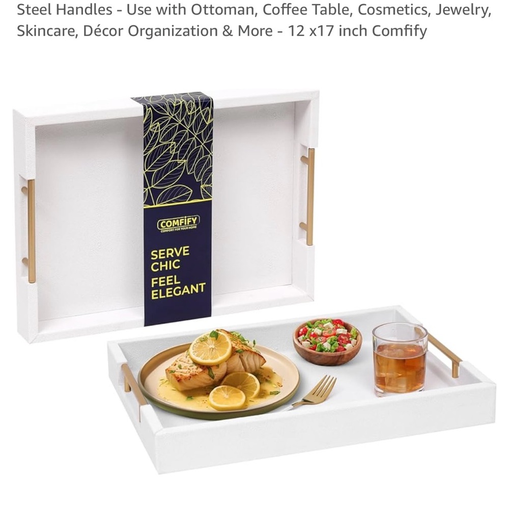 Decorative White Serving Tray with Gold Polished Metal Handles